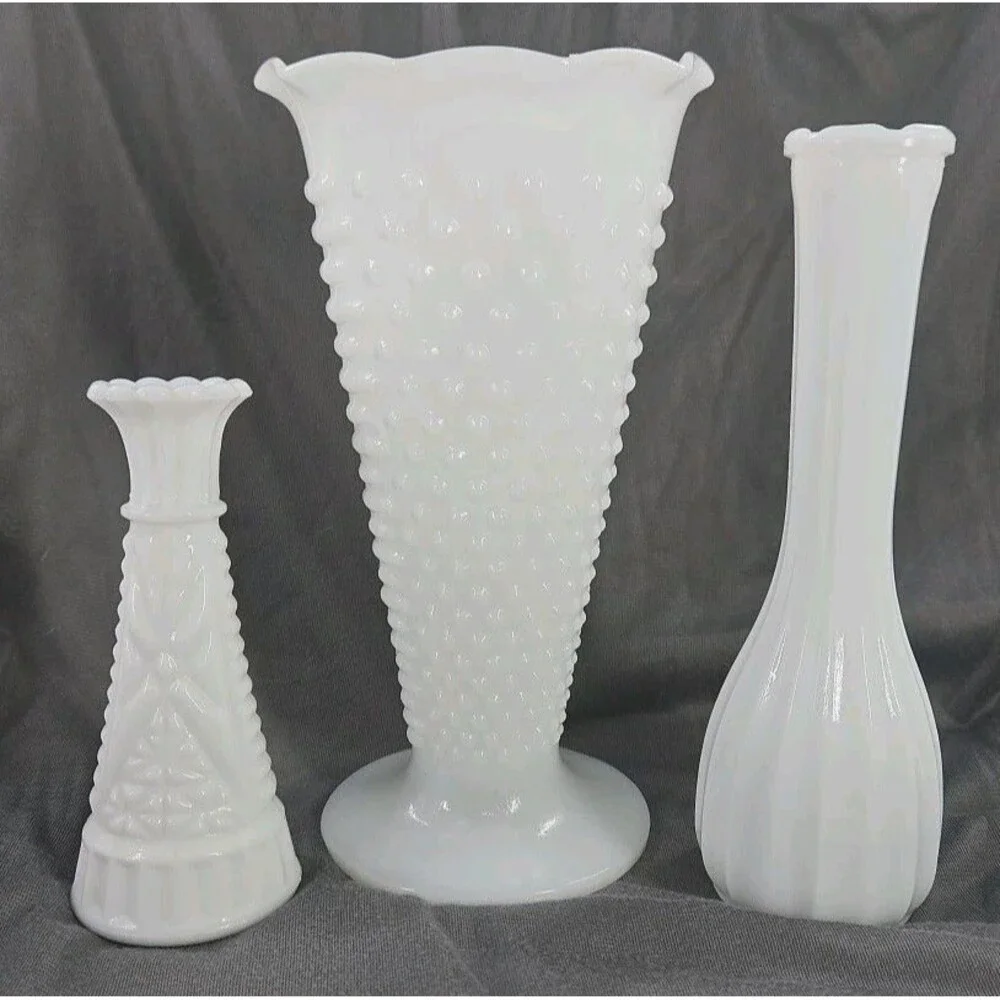White Milk Glass Vase Lot‎ of 3 Vintage Hobnail Dots & Varied Lg, Small & Medium